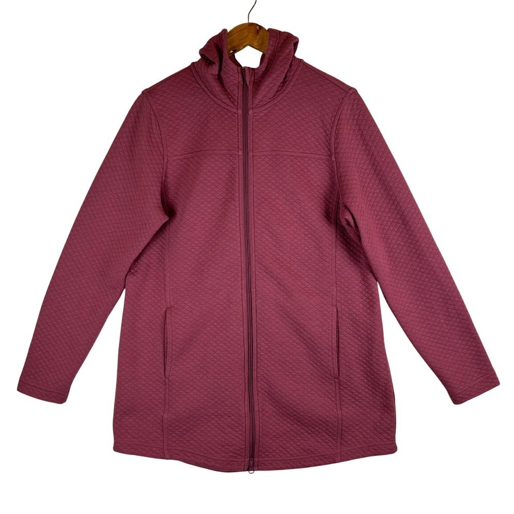 LL Bean Womens Quilted Full Zip Hoodie Burgundy Diamond Pattern Mid Length M